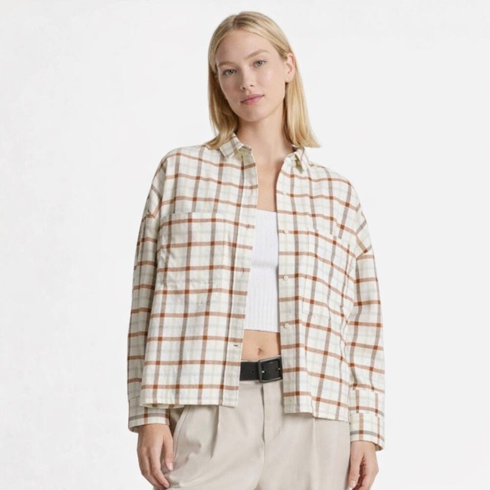 Everlane Boxy Plaid Flannel Shirt Cropped Button Down Rust Brown S Clean Neutral